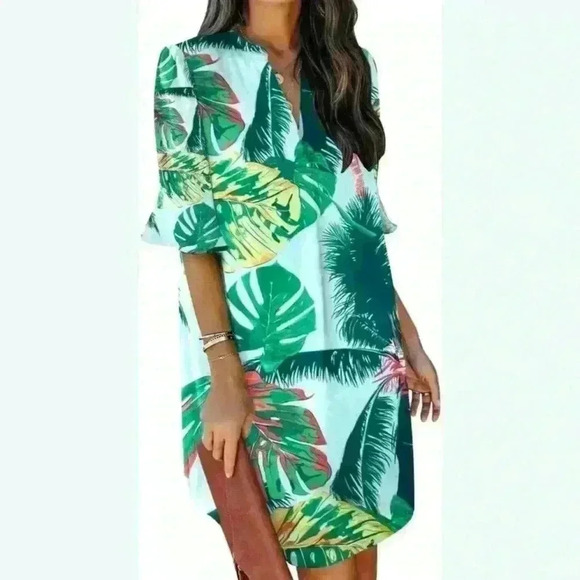 Women’s Vacation Summer Dress Short Ruffle Sleeve V-neck Tropical Print NWT SM - Picture 5 of 7